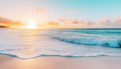 Fototapeta premium Crystal-clear turquoise waters with gentle waves lapping at a pristine beach under a golden sunset