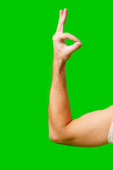 Hand Gesture Signifying Approval Against Bright Green Background