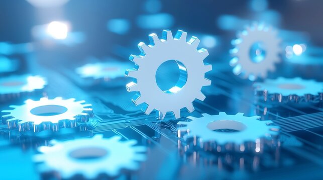 Business Process Automation Concept, interlocking gears and icons symbolize efficiency, abstract backdrop enhances focus on automation, conveying innovation and streamlined workflows