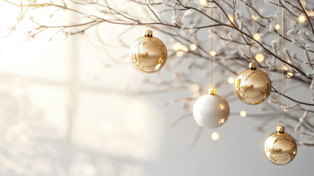 Minimalist gold ornaments hanging from modern geometric branch create serene and festive atmosphere. soft lighting enhances elegance of decorations