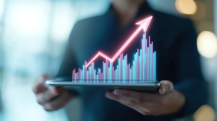 Businessman presenting a rising virtual hologram of statistics on tablet, illustrating growth in stock market trends, strategic planning, and business development against a dark backdrop.