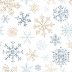 Winter pattern with silver and gold snowflakes on transparent background Simple Christmas seamless pattern with geometric motif New year vector ornament Design web, wrapping, wallpaper, cover, textile
