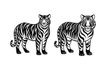 black and white illustration, two tigers, standing pose, side view, striped pattern, detailed fur texture, bold linework, symmetrical composition, wildlife art, graphic design style, high contrast, zo