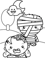 Cute Kids Wearing Zombie Mummy Halloween Costume Party Celebration Cartoon Coloring Activity for Kids and Adult