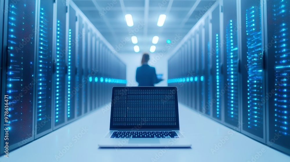 Poster computer engineer engaged with laptop in server room, surrounded by vast data storage units, embodyi