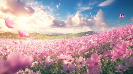 Pink flowers sway under a blue sky, with butterflies dancing in a serene, idyllic landscape.