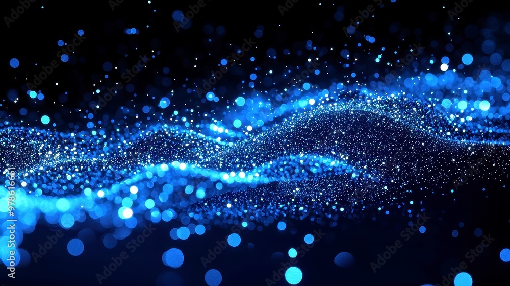 Poster illuminated dark blue particle flow, an abstract design featuring a deep blue backdrop illuminated b