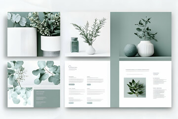 A flat lay image showcasing a minimalist design with greenery and ceramic vases on a white background.
