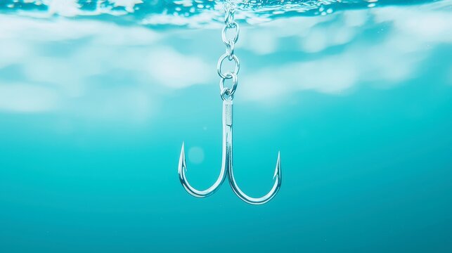 Underwater Hook Perspective, a close-up view of a fish hook submerged in clear water, showcasing intricate details and the serene aquatic environment surrounding it.
