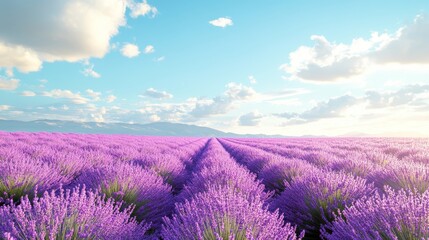 Obraz premium Vibrant lavender field under a calm blue sky, flowers leading into the distance, ideal for relaxation themes, on solid white background, single object