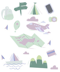 vector illustration of tourism , tourist icons and stickers on a white background, set in flat graphics