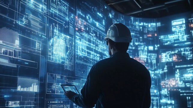 Digital world smart city, engineer working with digital technology security control power energy and sustainable resource environment technology 