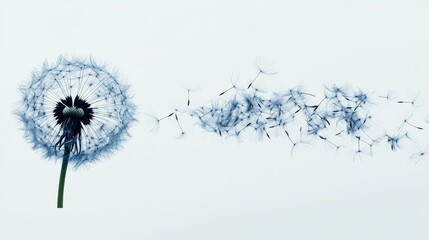 Whimsical dandelion seeds dispersing, captured on solid white background, single object