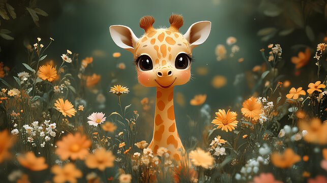 close up illustration of cute and adorable little giraffe in the field