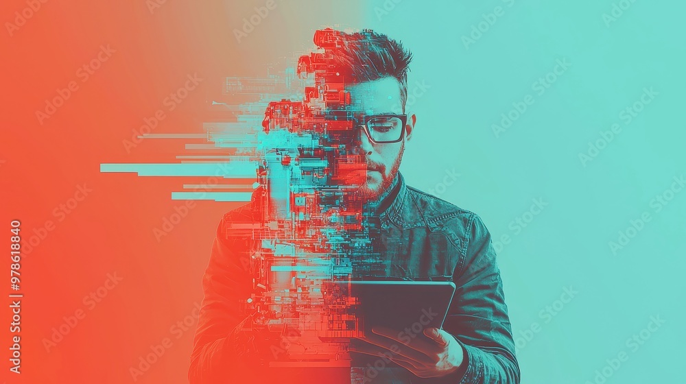 Poster industry 4.0 innovation, a hand interacts with an augmented reality interface displaying a robotic a