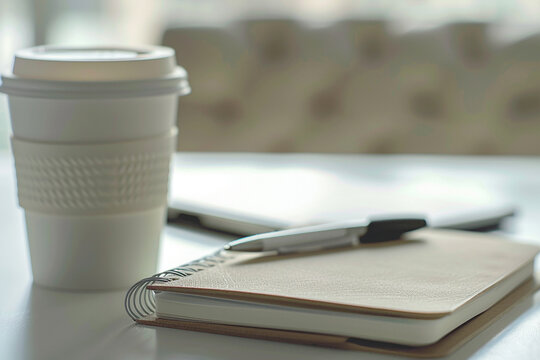 Minimalist Notebook and Pen on a Desk with a Coffee Cup Adding a Soft Accent &ndash; Perfect for Creating a Calm and Focused Workspace Ideal for Creative Professionals