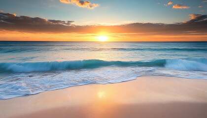 Fototapeta premium Crystal-clear turquoise waters with gentle waves lapping at a pristine beach under a golden sunset