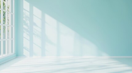 Obraz premium Light Blue Minimalist Background, an ideal setting featuring a soft light blue texture, gentle shadows and highlights from window light on a smooth plaster wall, perfect for showcasing products.