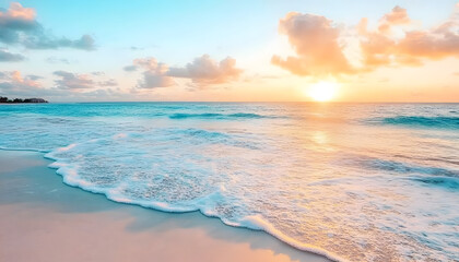 Obraz premium Crystal-clear turquoise waters with gentle waves lapping at a pristine beach under a golden sunset