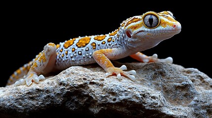 Obraz premium A leopard gecko, with white, orange, and black spots, perches on a rock, looking to the right, against a black background.
