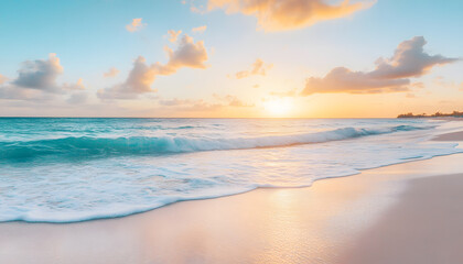 Fototapeta premium Crystal-clear turquoise waters with gentle waves lapping at a pristine beach under a golden sunset