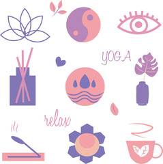 Yoga stickers set. Hand drawn elements set aroma sticks, mat, block. yoga icons on a white background. vector illustration