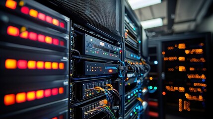 Naklejka premium Rackmount LED Console in Server Room, illuminated workspace, modern design, efficient data management, organized cables, high-tech environment, optimal for monitoring systems.