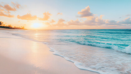 Fototapeta premium Crystal-clear turquoise waters with gentle waves lapping at a pristine beach under a golden sunset