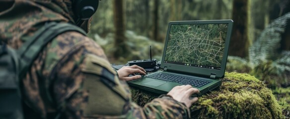 The Soldier with Laptop Outdoors