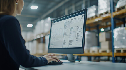 computer screen with a detailed warehouse inventory management dashboard. The screen should display real-time data, including inventory levels, product locations, and alerts for re