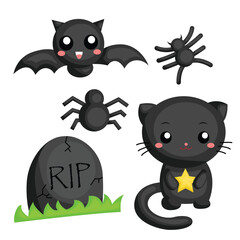 Halloween Animal Black Symbol Cat Bat Spider Cartoon Illustration Vector Clipart Sticker Decoration Background