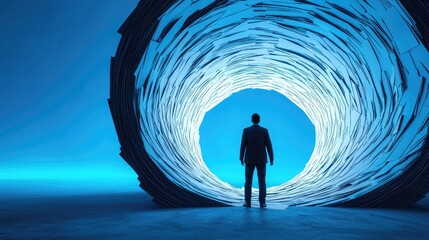 A silhouetted figure stands before a glowing circular portal, symbolizing journey, discovery, and the allure of the unknown.