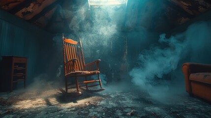 A rocking chair sits in a dusty, abandoned room filled with smoke and sunlight shining through a broken window.