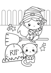 Cute Halloween Witch Costume Girl Cartoon Coloring Activity for Kids and Adult