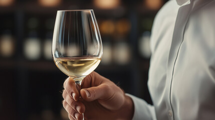 closeup of sommelier is swirling a glass of wine or spirits, bringing it closer to their nose for a detailed aroma analysis. The sommelier should be dressed in a professional outfi
