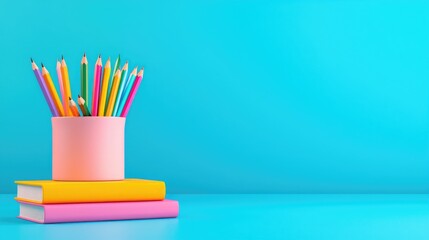 Fototapeta premium A vibrant arrangement of colorful pencils in a pink holder on stacked books against a blue background, ideal for educational themes.