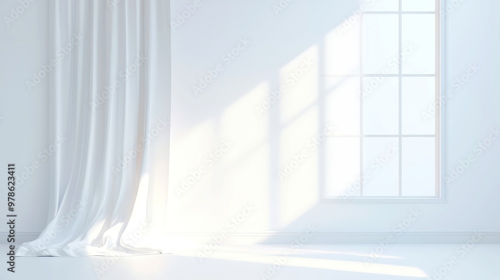 Poster elegant window adorned with flowing curtains, soft sunlight filtering through, creating a serene amb