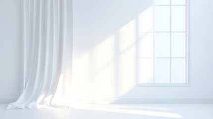 Elegant window adorned with flowing curtains, soft sunlight filtering through, creating a serene ambiance in an inviting, spacious interior setting.