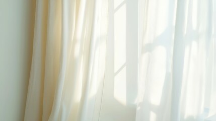Obraz premium Sunlit Room with Draped Curtain, a serene interior featuring a softly illuminated window, delicate fabric swaying gently, inviting a calm and airy atmosphere.
