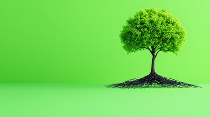 A vibrant green tree with lush foliage and visible roots, set against a bright green background, symbolizing nature and growth.
