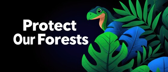 A vibrant illustration promoting forest conservation with lush greenery and a friendly dinosaur, inspiring eco-awareness.