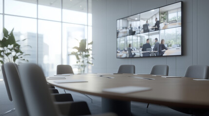 online HR webinar in a digital meeting room. The scene should include a large screen displaying multiple participants' video feeds and presentation slides. Incorporate modern tech