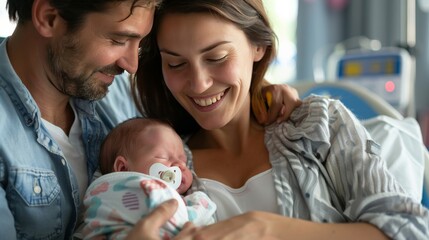 Obraz premium Couple holding their newborn baby in a hospital room