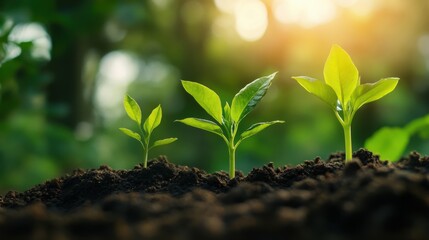 Three small green plants are growing in the dirt