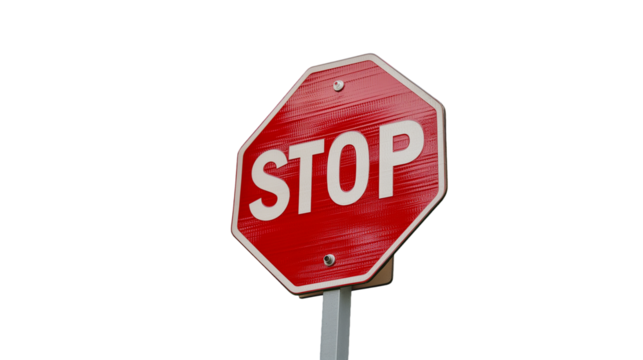 bright red stop sign against a transparent background, cut out png