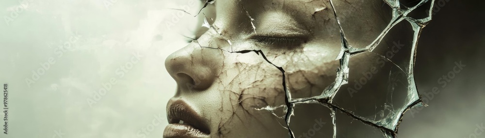 Poster a haunting image of a shattered face, symbolizing fragility and the complexity of human emotions and