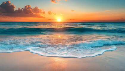 Obraz premium Crystal-clear turquoise waters with gentle waves lapping at a pristine beach under a golden sunset