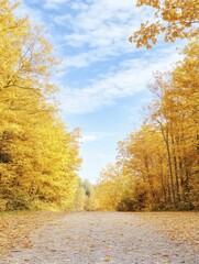Fototapeta premium Serene Autumn Roadway: A Scenic Route Surrounded by Vibrant Fall Foliage and Golden Leaves Under a Clear Blue Sky