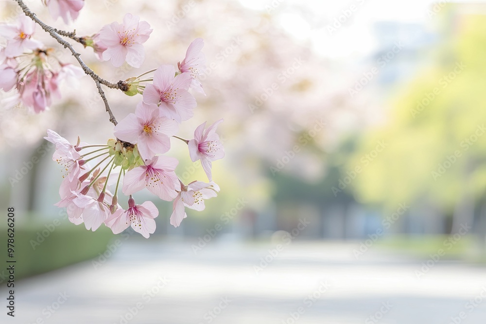 Sticker Serene Springtime Scene: A Majestic Tree Adorned with Delicate Pink Blossoms Against a Clear Blue Sky, Capturing the Beauty of Nature in Full Bloom