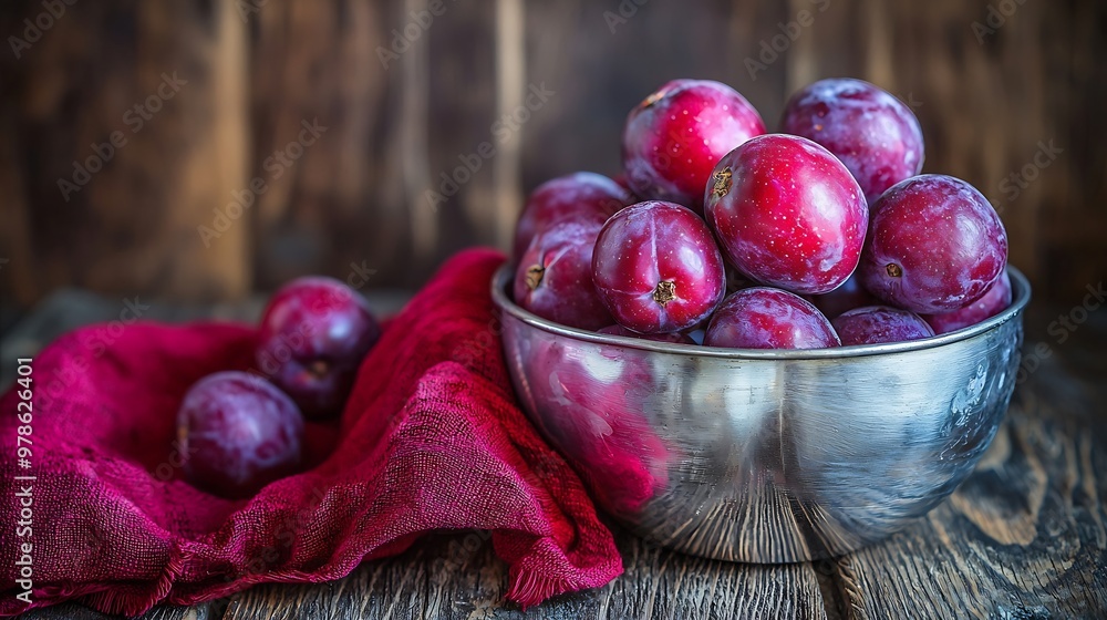 Poster plums in metallic bowl on wooden table : generative ai